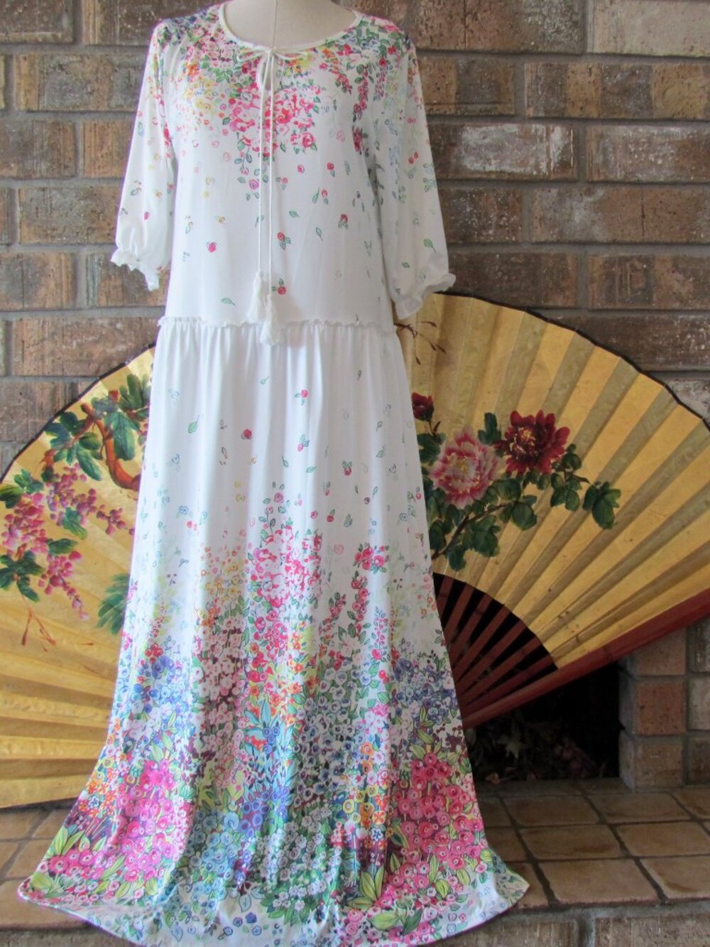 BOHO DRESS, L, FLOWER GARDEN ROMANTIC, ARTISTIC BOHEMIAN, TASSEL TIE FLORAL